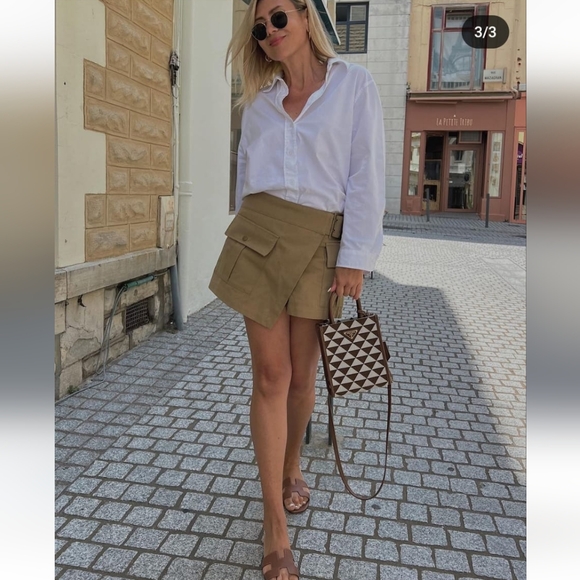 Zara neutral Beige Khaki Tan Cargo Skort Pockets Viral Short Skirt size M - Picture 10 of 12